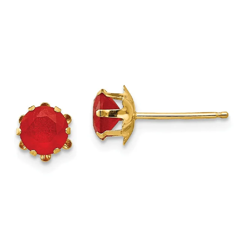 Intricate drop earrings-Kids 5mm Synthetic Ruby Birthstone 14k Yellow Gold Stud Earrings