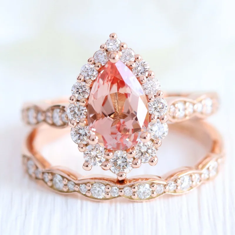 Chained design rings-Large Tiara Halo Pear Ring Set w/ Champagne Peach Sapphire and Diamond