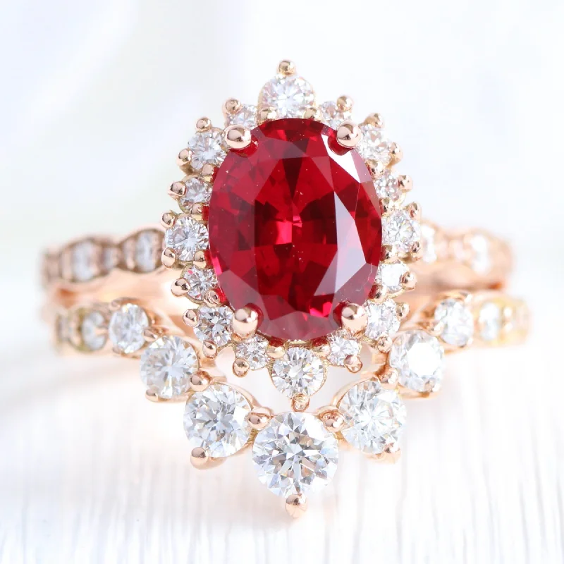 Reef theme rings-Large Tiara Halo Oval Ruby Ring Set w/ 7 Diamond U Shaped Scalloped Wedding Band