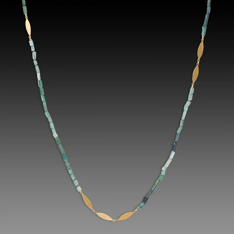 Celestial sign necklaces-Long Ombre Tourmaline Necklace with 22k Leaves