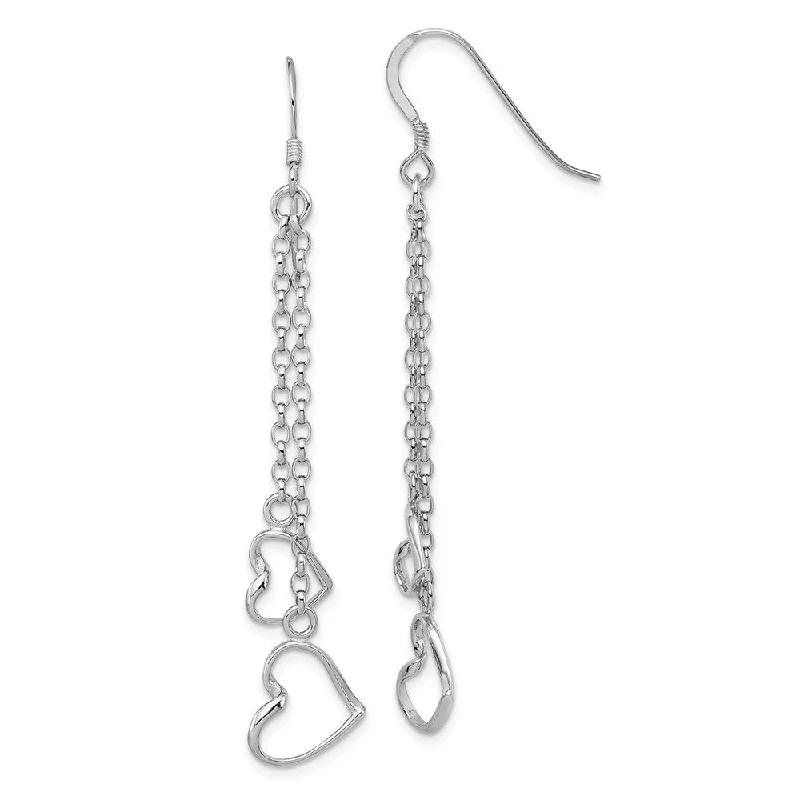 Woven thread earrings-Double Open Heart Chain Dangle Earrings in Sterling Silver