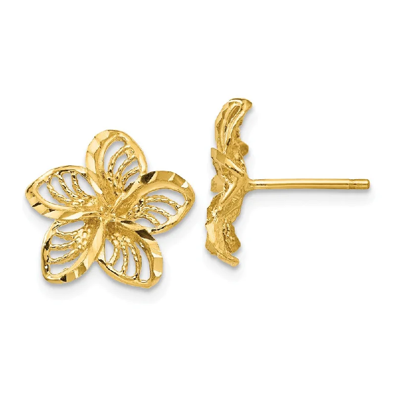 Cane style earrings-12mm Diamond Cut Filigree Plumeria Post Earrings in 14k Yellow Gold