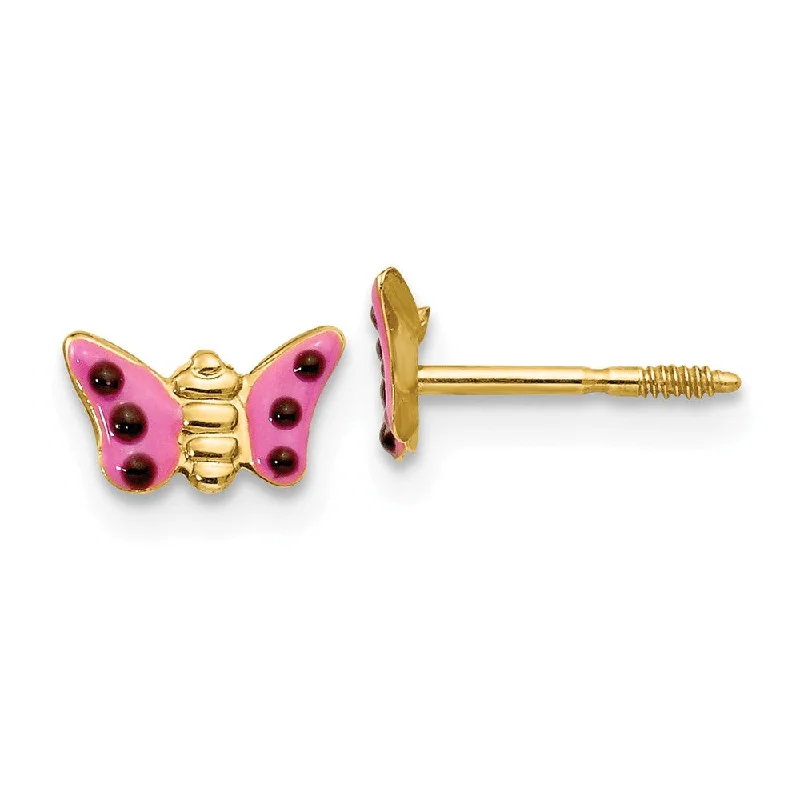 Gleaming gem earrings-Kids Pink Enameled Butterfly Post Earrings in 14k Yellow Gold