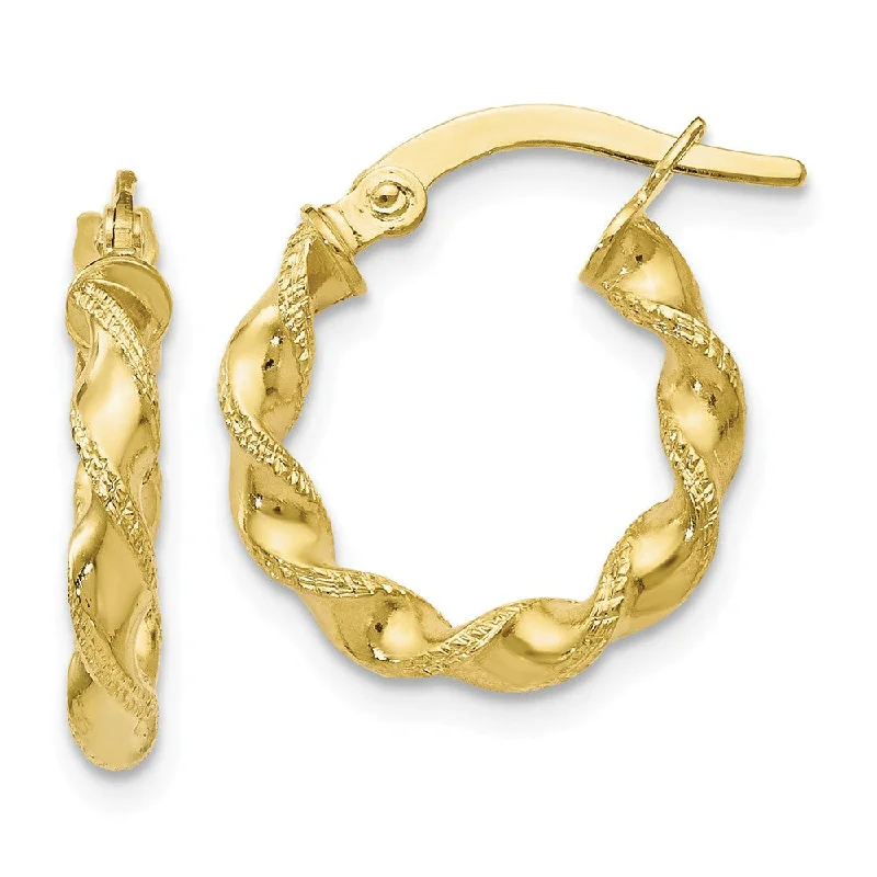 Twig pattern earrings-2.5mm 10k Yellow Gold Polished & Textured Twisted Hoops, 15mm