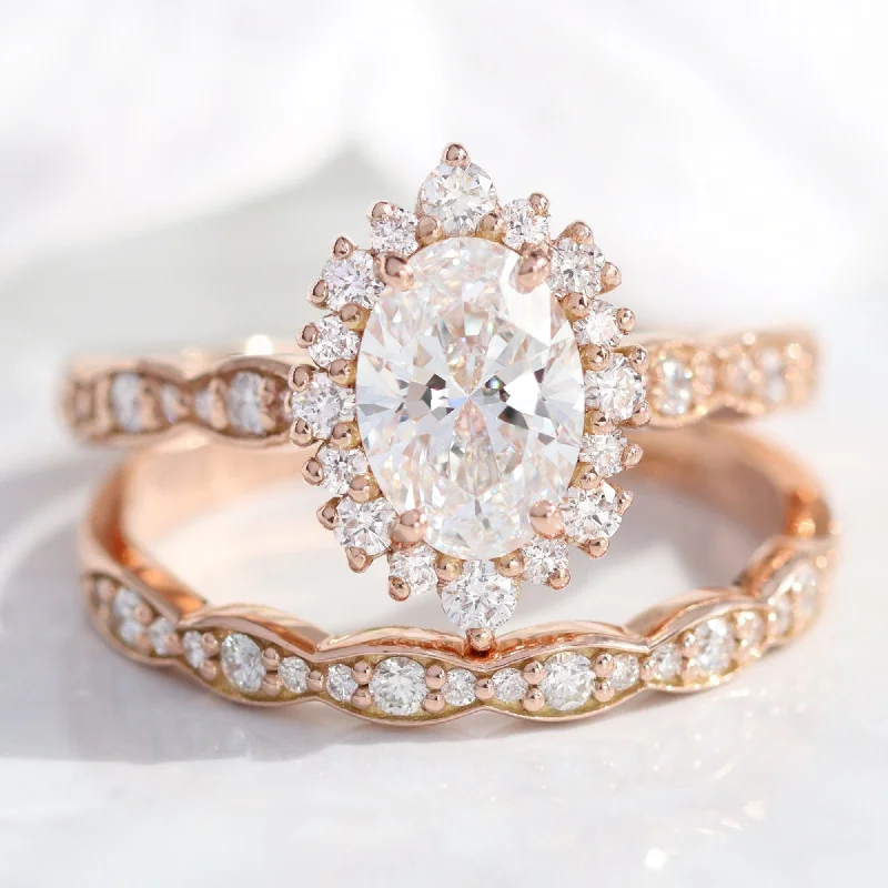 Wave shape rings-Oval Diamond Halo Scalloped Ring Set w/ Lab Diamond and Matching Wedding Band