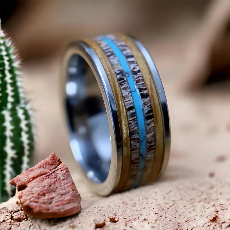 Akoya pearl rings-“The Westerner” Tungsten Ring With Reclaimed Bourbon Barrel, Antler and Turquoise