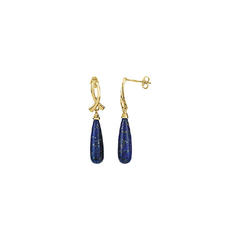 Slim gold earrings-14k Yellow Gold Awareness Ribbon & Lapis Teardrop Dangle Post Earrings