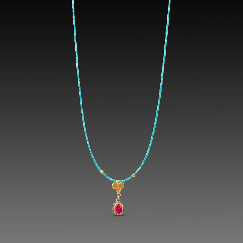 Woven thread necklaces-Ruby and Gold Trio Turquoise Necklace