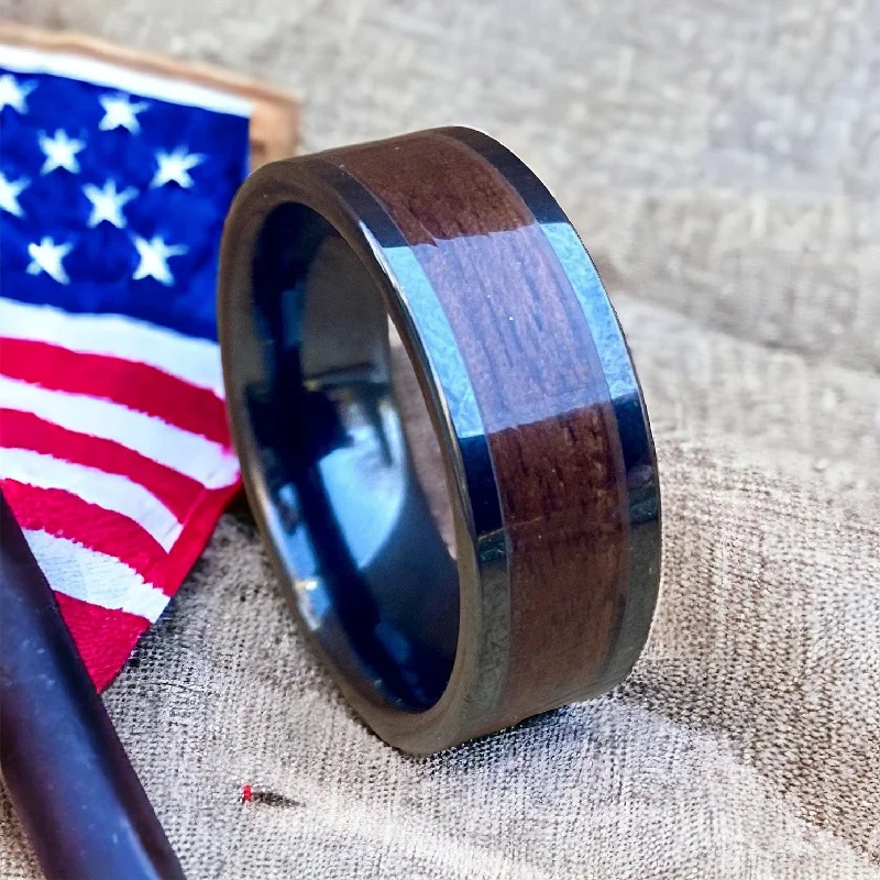 Tulip rings-“The Sergeant” 100% USA Made Black Ceramic Ring With Wood From A M1 Garand