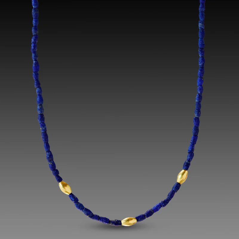 Tarnished silver necklaces-Lapis Necklace with Gold Rice Beads