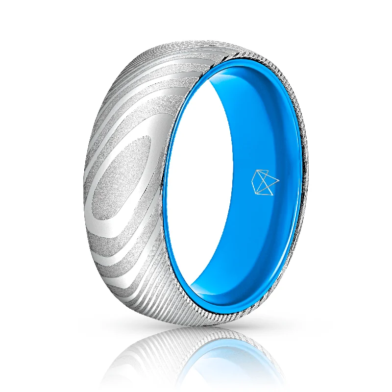 Sturdy band rings-Wood Grain Damascus Steel Ring - Resilient Blue