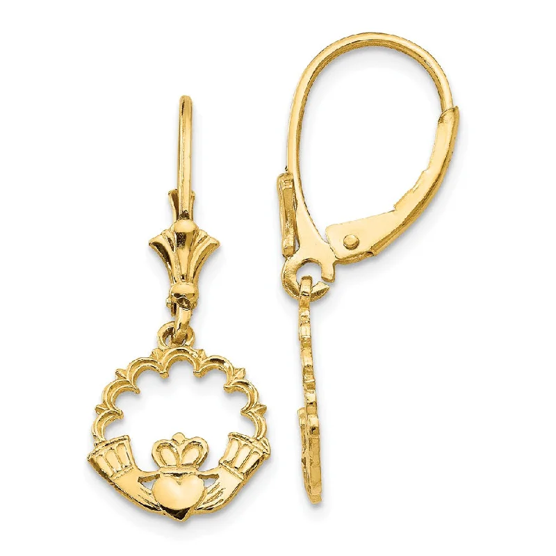 Carved hoop earrings-10mm Scalloped Claddagh Lever Back Earrings in 14k Yellow Gold