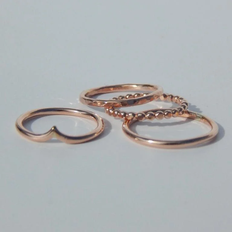 Spiral wire rings-Set of Four 14k Rose Gold Fill Stacking Rings - Chevron, Medallion, Hammered, and Classic