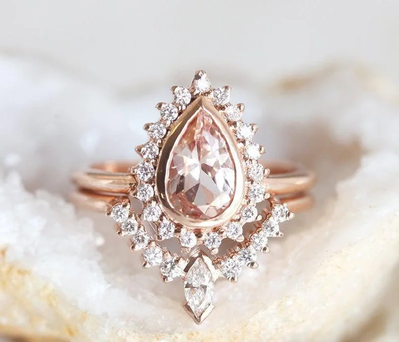 Slim rose rings-Beverly Morganite Ring Set