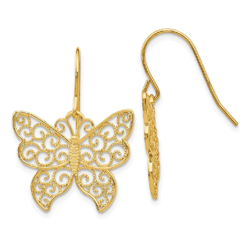 Braided bead earrings-20mm Textured Filigree Butterfly Dangle Earrings in 14k Yellow Gold