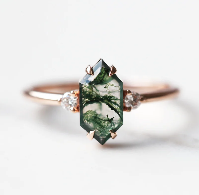 Bead line rings-Hayley Hexagon Moss Agate Ring with Diamonds