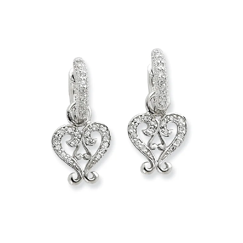 Sturdy hoop earrings-Rhodium Sterling Silver & CZ Heart, Hinged Hoop Earrings, 12 x 25mm