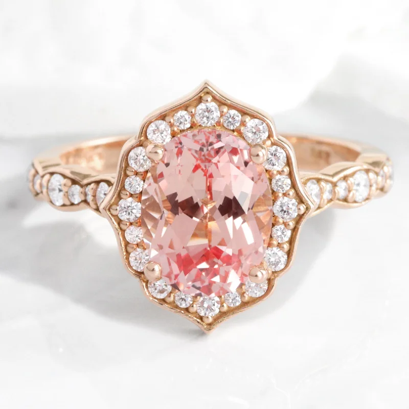 Flush clasp rings-Large Oval Peach Sapphire Ring in 14k Rose Gold Vintage Halo Diamond Size 6.25