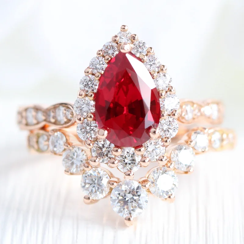 Carved initial rings-Large Tiara Halo Pear Ruby Ring Set w/ 7 Diamond U Shaped Scalloped Wedding Band