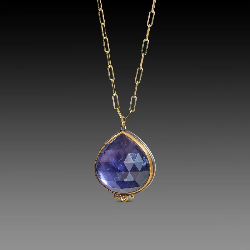 Treasure locket necklaces-Iolite Teardrop Necklace with Diamond Trio