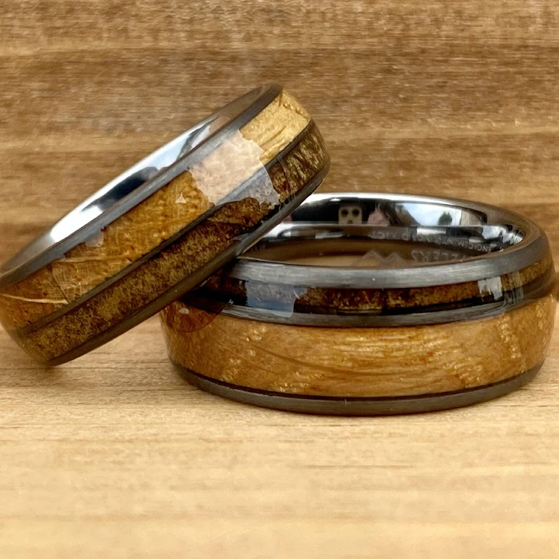 Bead line rings-Matching Set “W&M Churchill” Kentucky Straight Bourbon Whiskey Barrel Tungsten Ring