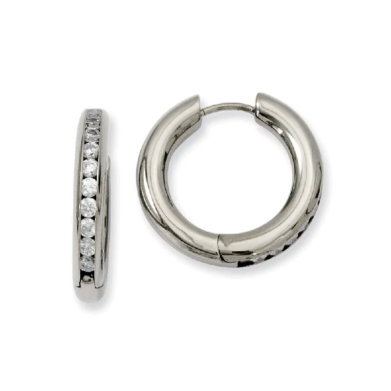 Polished silver earrings-3mm Titanium Cubic Zirconia Hinged Round Hoop Earrings, 20mm (3/4 in)