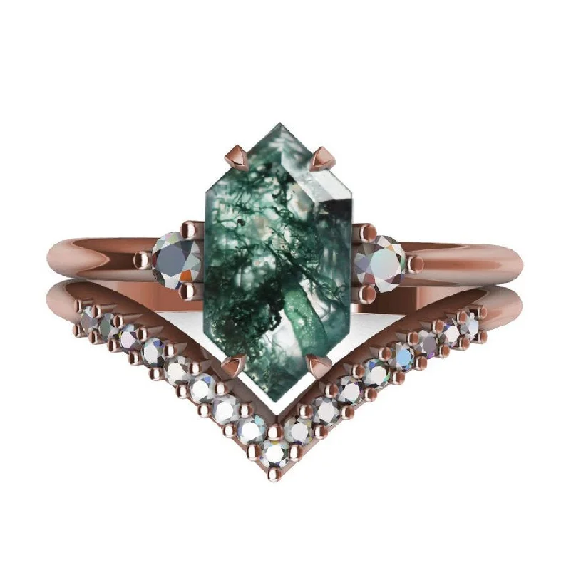 Ripple style rings-Hayley Hexagon Moss Agate Ring With Diamond Pave Band