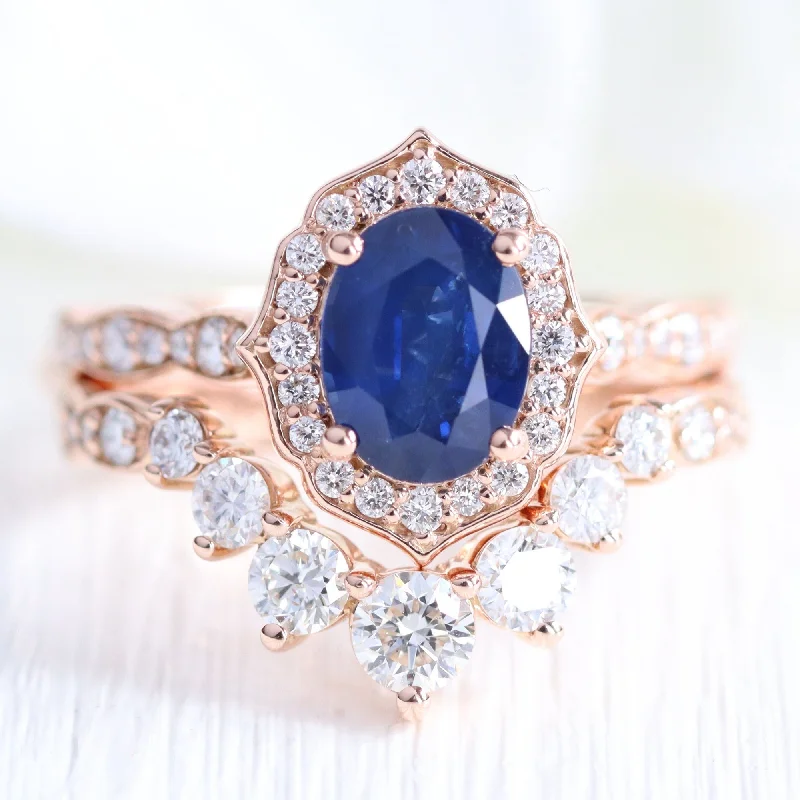 Georgian style rings-Vintage Floral Oval Bridal Ring Set w/ Natural Sapphire and Large 7 Diamond U Band