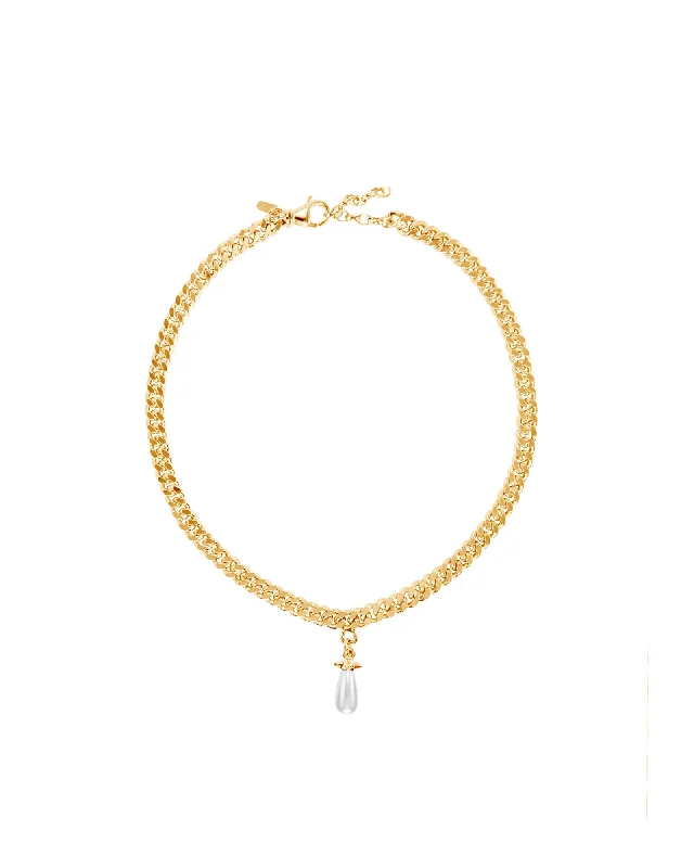 Slim choker necklaces-Chunky Chain Drop Gold Plated Necklace w. Glass Pearl