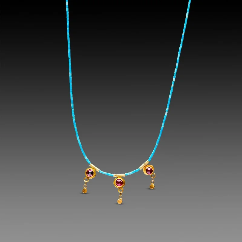 Trapezoid pendant necklaces-Ruby Disk and Turquoise Beaded Necklace