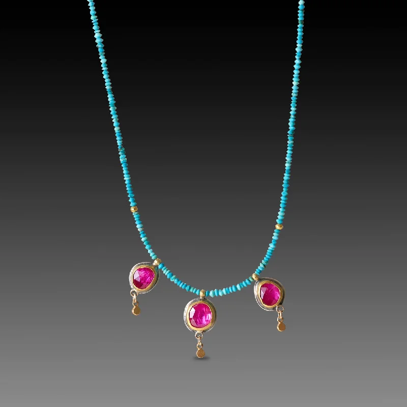 Sharp-line necklaces-Turquoise Beaded Necklace with Rubies