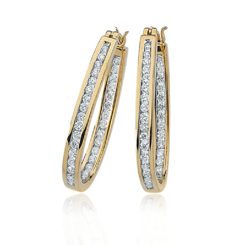 Token coin earrings-1 Cttw, Channel Set Diamond Hoops - 14k Yellow Gold