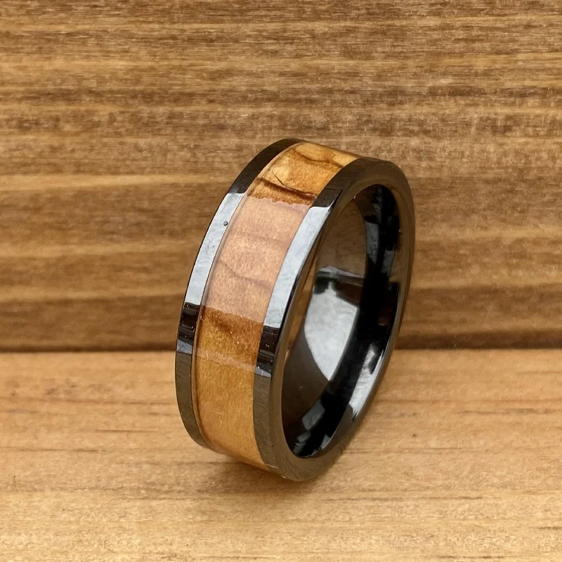 Spinel stone rings-“The Holy Land” 100% USA Made Black Ceramic Ring With Olive Wood From Israel