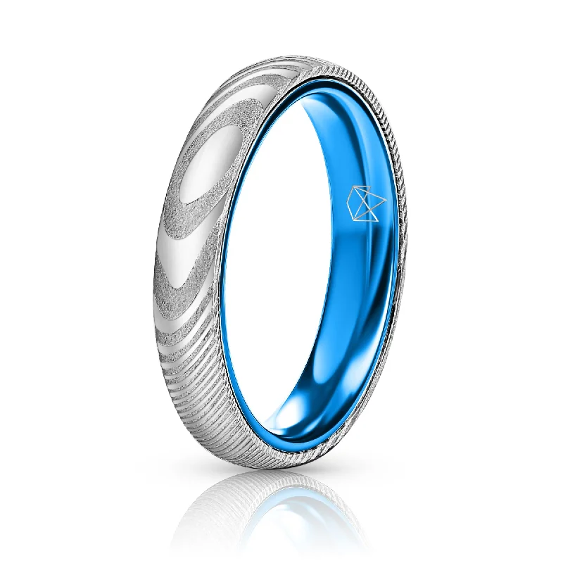 Bee motif rings-Wood Grain Damascus Steel Ring - Resilient Blue - 4MM