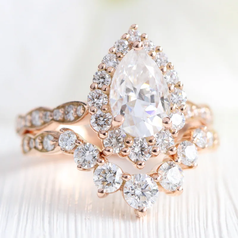 Smooth form rings-Large Tiara Halo Pear Ring Set w/ Moissanite and Large 7 Diamond Scalloped Band