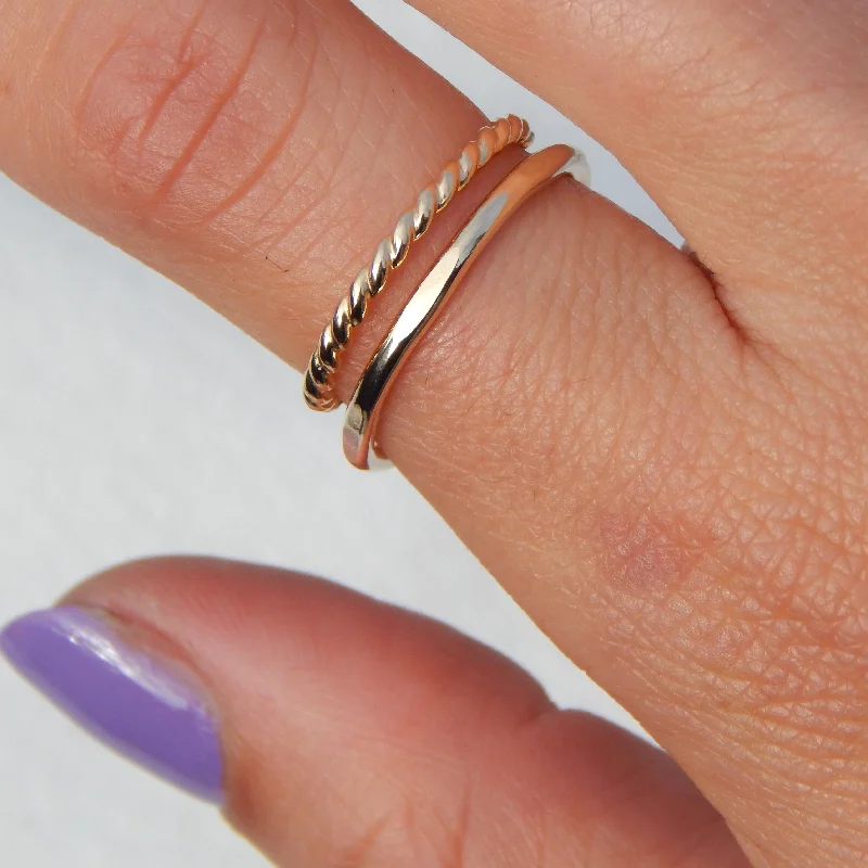 Sharp modern rings-14k Gold Fill Twisted Band and Flat Hammered Stacking Ring Set