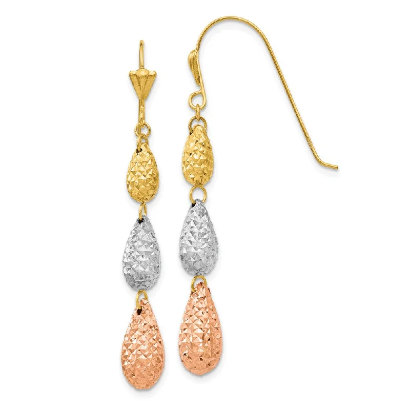 Subtle heart earrings-Diamond Cut Triple Teardrop Dangle Earrings in 14k Tri Color Gold