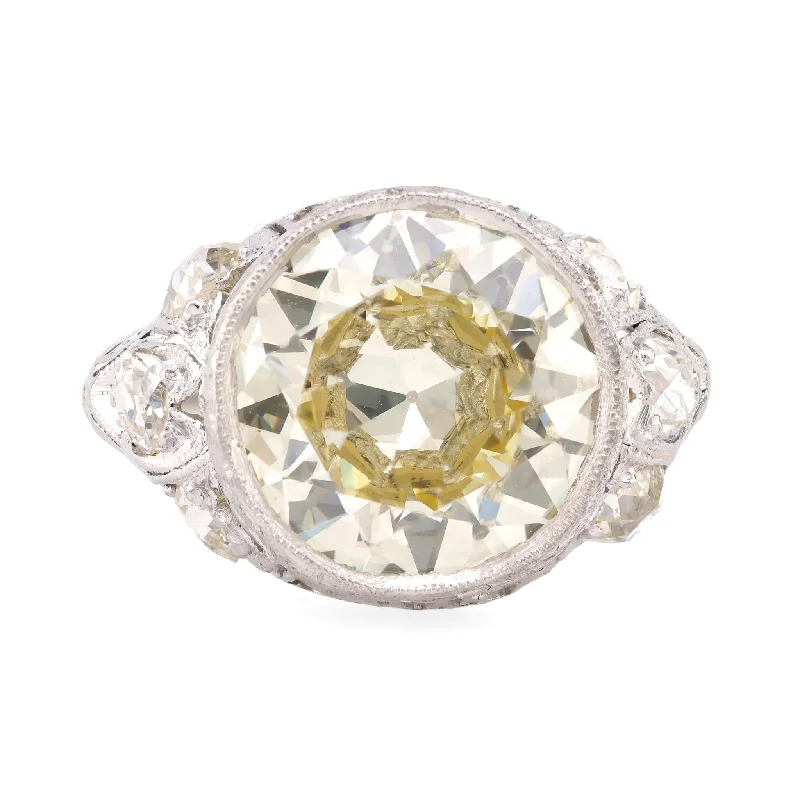 Topaz solitaire rings-Art Deco GIA 5.85 Carat Circular Brilliant Cut Diamond Platinum Filigree Ring