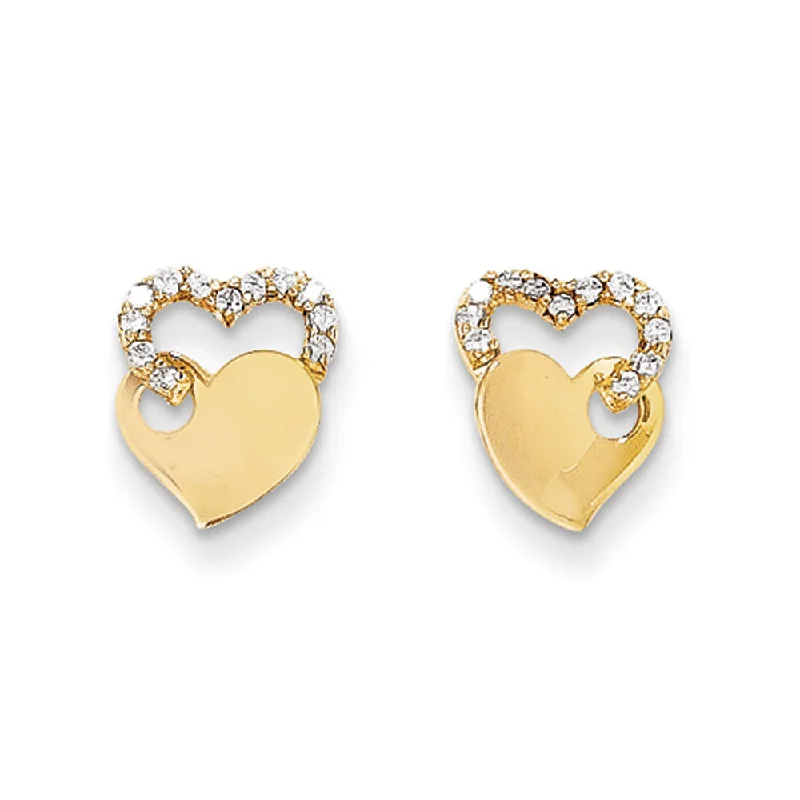 Subtle triangle earrings-Kids Cubic Zirconia Double Heart Post Earrings in 14k Yellow Gold