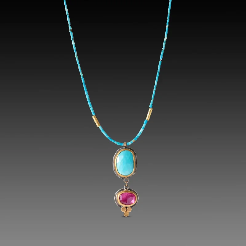 River glass necklaces-Turquoise and Ruby Double Pendant Necklace