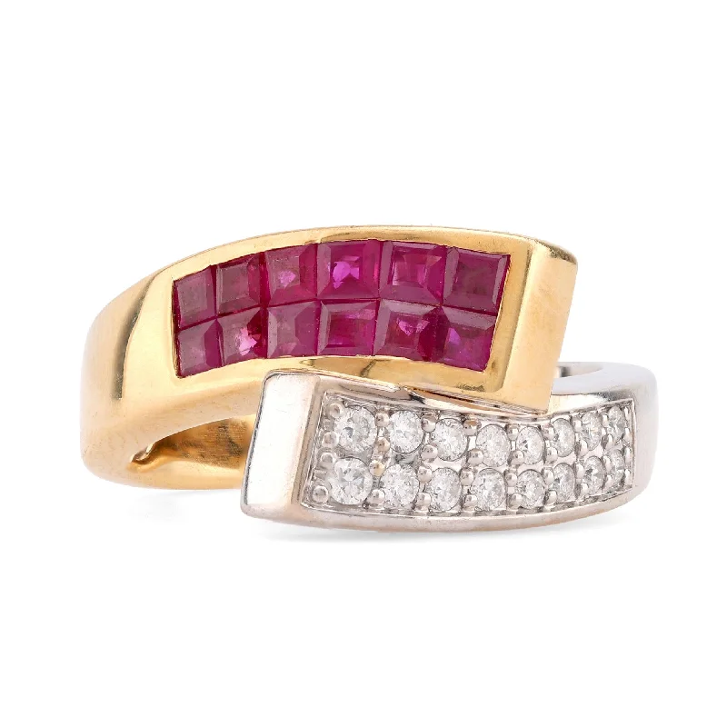 Etched name rings-Vintage Ruby Diamond 18K White and Yellow Gold Bypass Ring