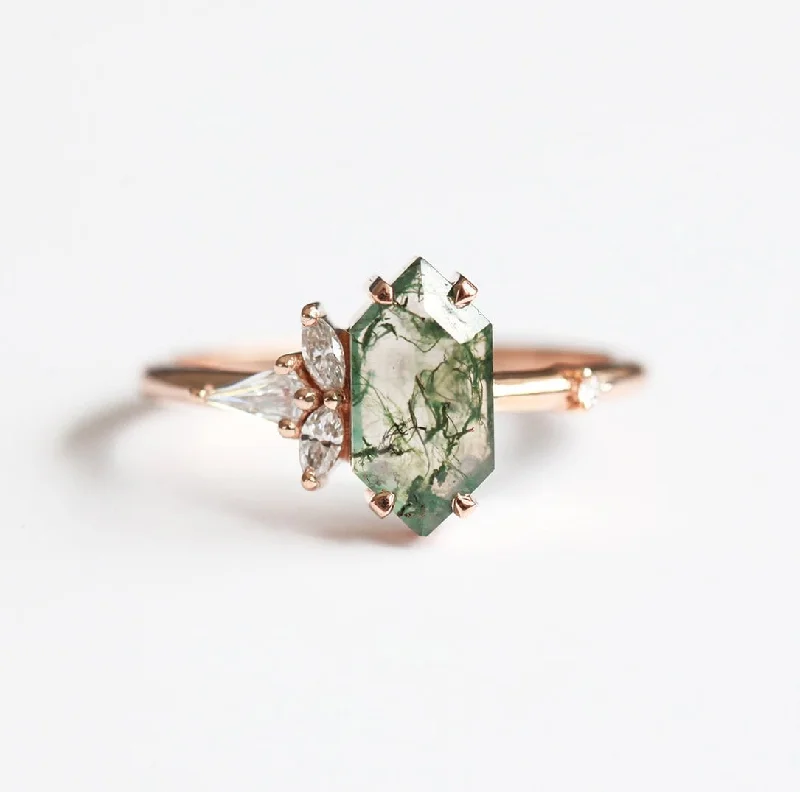 Classic flair rings-Amelia Hexagon Moss Agate Ring with Diamonds