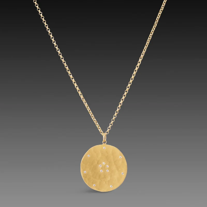 Sharp-line necklaces-Hammered Gold Disk Necklace with Diamonds