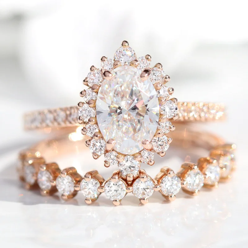 Fired clay rings-Oval Diamond Halo Pave Ring Set w/ Lab Diamond and 4 Prong Wedding Band