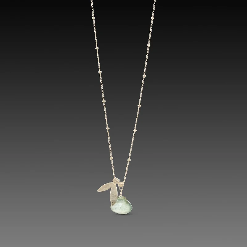 Flush clasp necklaces-Double Leaf Charm Necklace with Moss Aquamarine