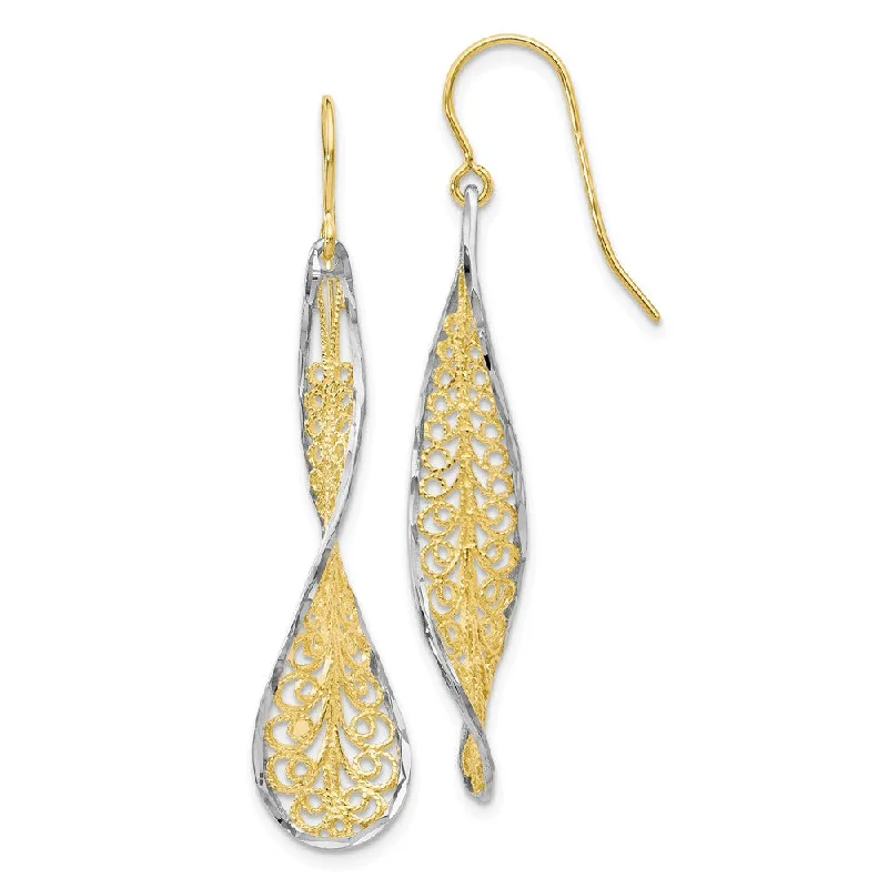 Lavish statement earrings-Twisted Filigree Dangle Earrings in 10k Yellow Gold & White Rhodium