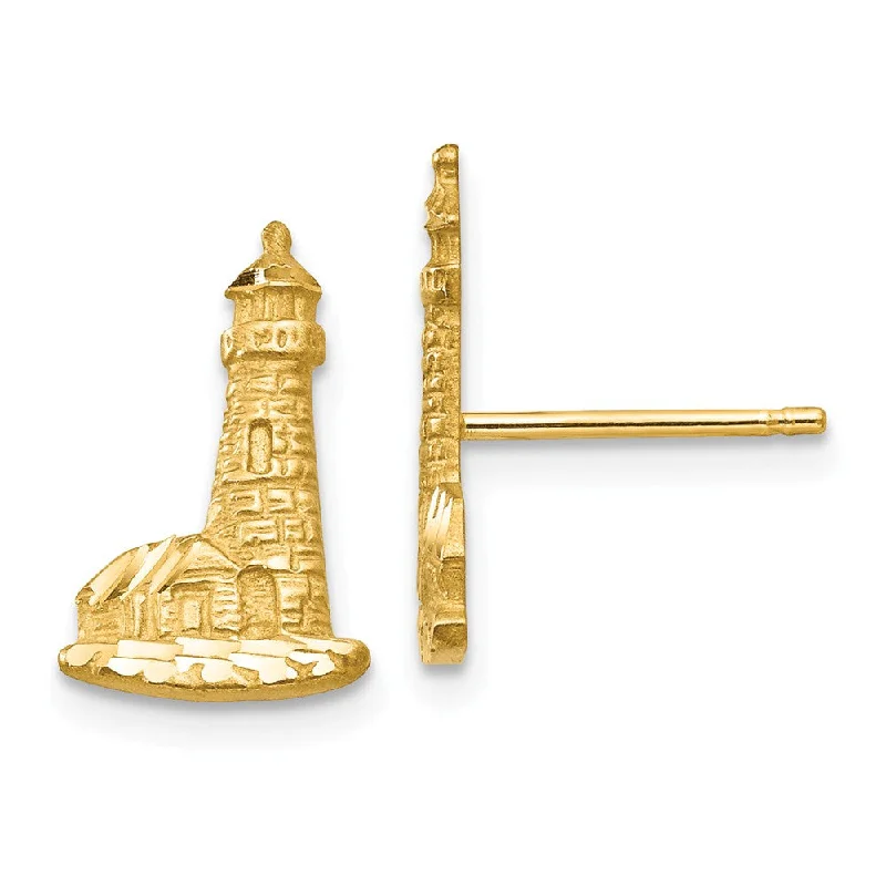 Fired clay earrings-13mm Diamond Cut Lighthouse Post Earrings in 14k Yellow Gold