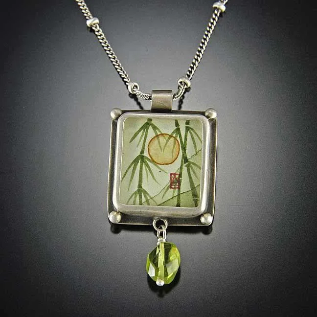 Timeless pearl necklaces-Small Rectangular Bamboo Necklace with Peridot