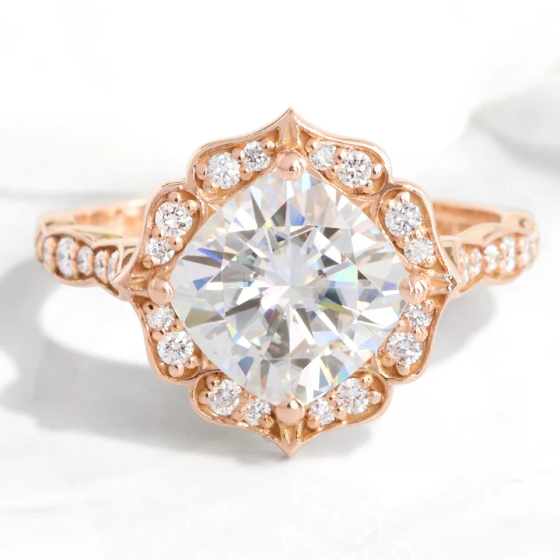 Woven thread rings-Large Cushion Moissanite Ring in 14k Rose Gold Vintage Floral Diamond, Size 6.25