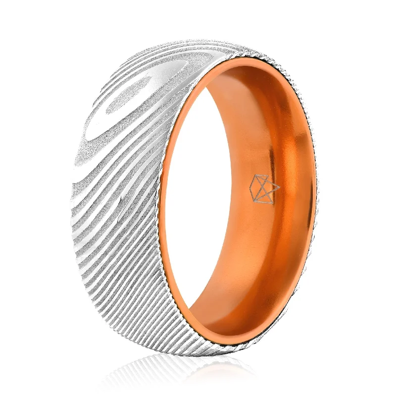 Loop knot rings-Wood Grain Damascus Steel Ring - Resilient Orange